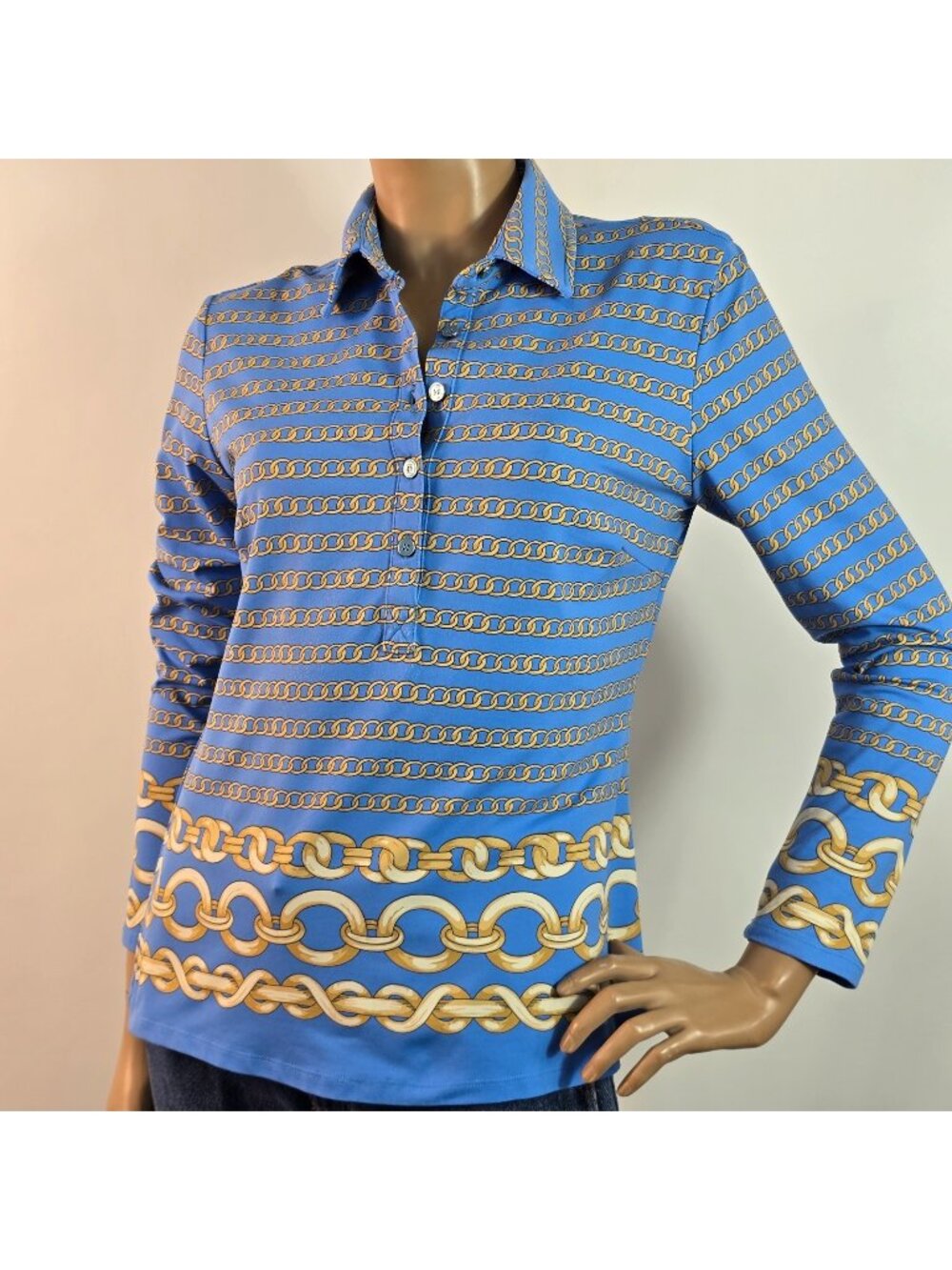 J McLaughlin Sportswear Blue Top Gold Interlocking Chains Size M Catalina Cloth